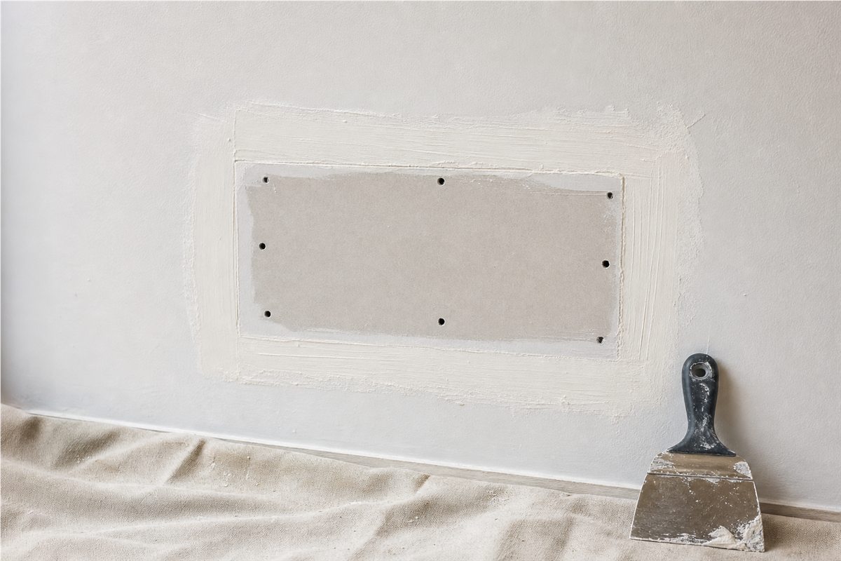 Drywall patch and wall repair in progress