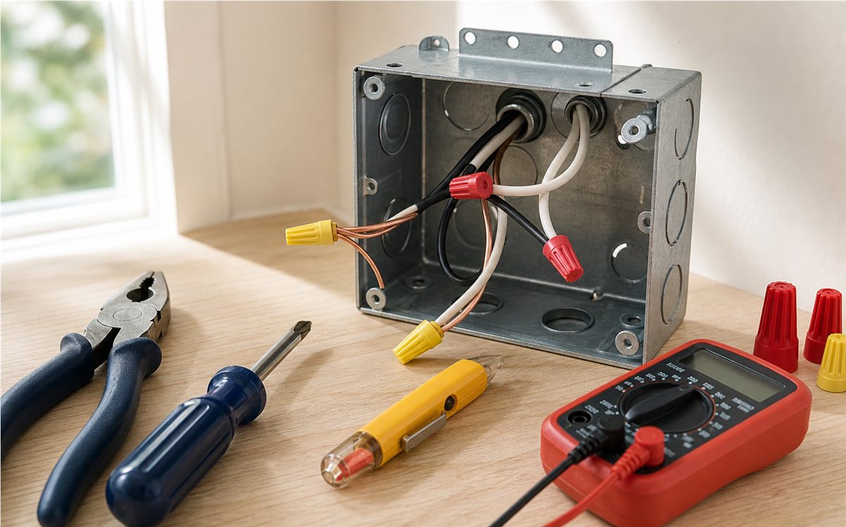 Residential electrical tools, wires, and an electrical box